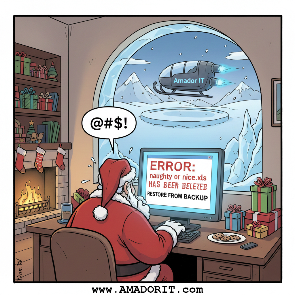Santa at computer - Naughty Nice list deleted, restore from backup - Christmas Backup Comic